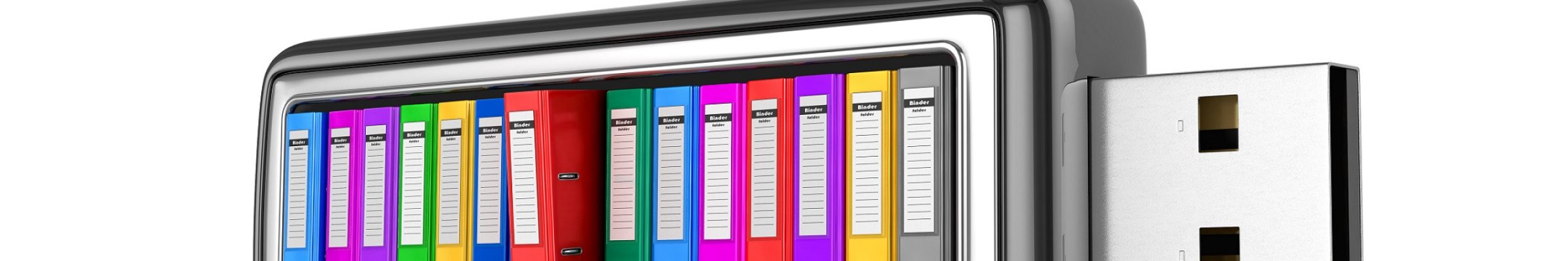 Multicolored office folder with documents inside a USB drive on a white background. 3D illustration.
