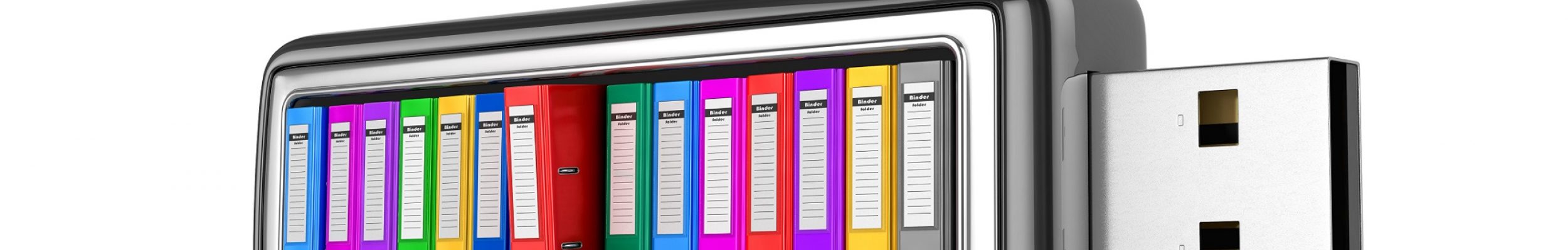 Multicolored office folder with documents inside a USB drive on a white background. 3D illustration.